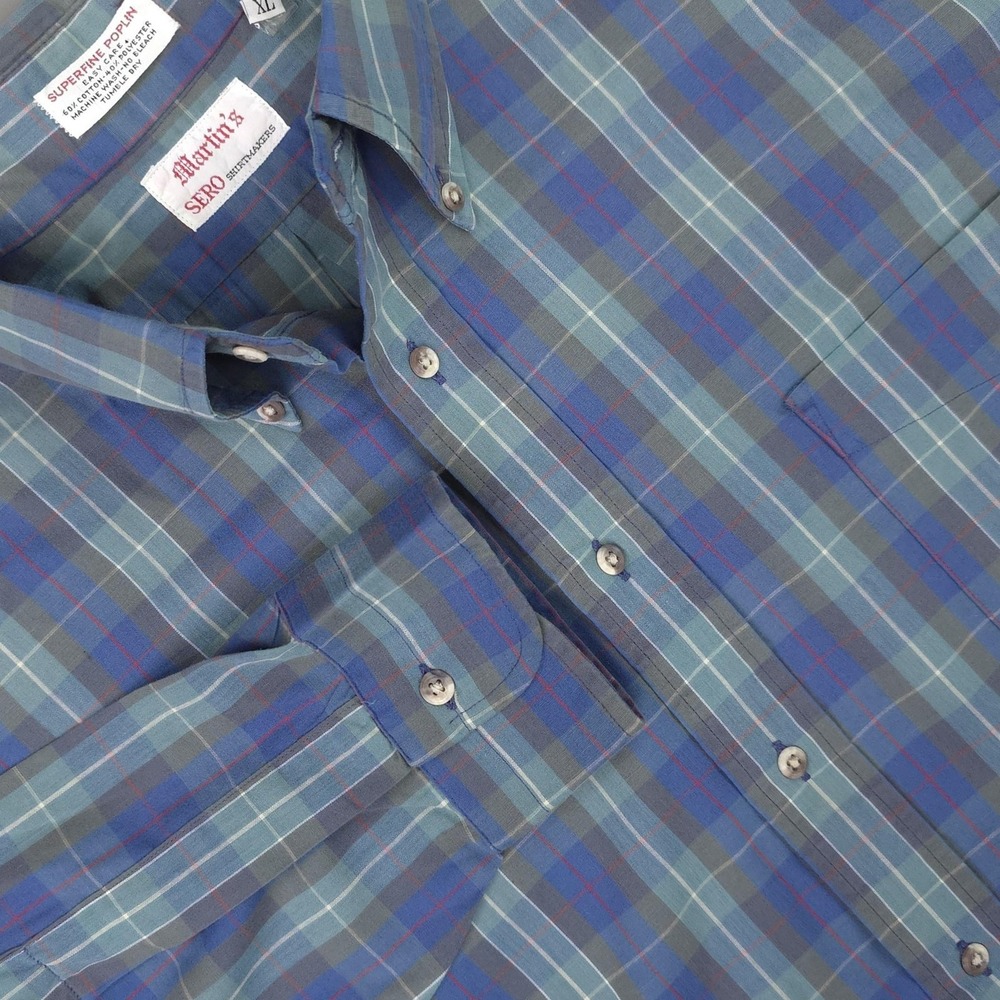 Vintage SERO Shirtmakers Shirt Mens XL Blue Tartan Plaid Poplin Button Front